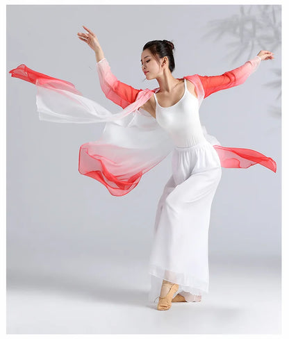 Women Classical Dance Long Dress Flowy Loose Shirt Chiffon Harem Pants Dancer Practice Wear Chinese Folk Dancewear Gradient