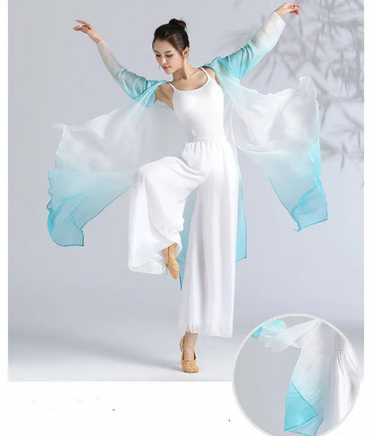 Women Classical Dance Long Dress Flowy Loose Shirt Chiffon Harem Pants Dancer Practice Wear Chinese Folk Dancewear Gradient