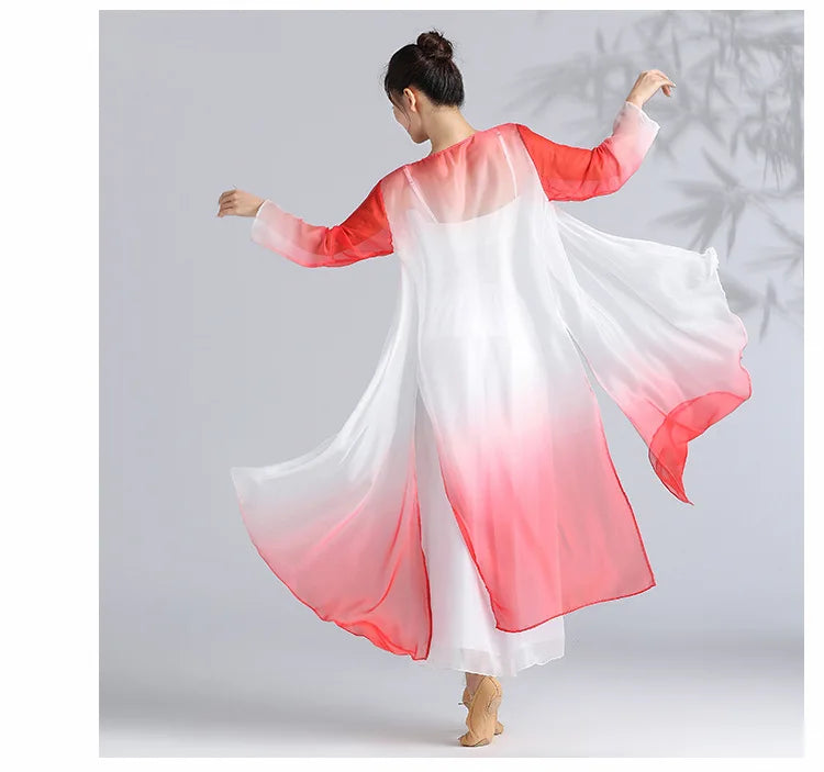 Women Classical Dance Long Dress Flowy Loose Shirt Chiffon Harem Pants Dancer Practice Wear Chinese Folk Dancewear Gradient