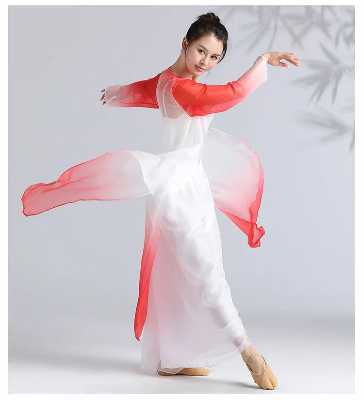 Women Classical Dance Long Dress Flowy Loose Shirt Chiffon Harem Pants Dancer Practice Wear Chinese Folk Dancewear Gradient