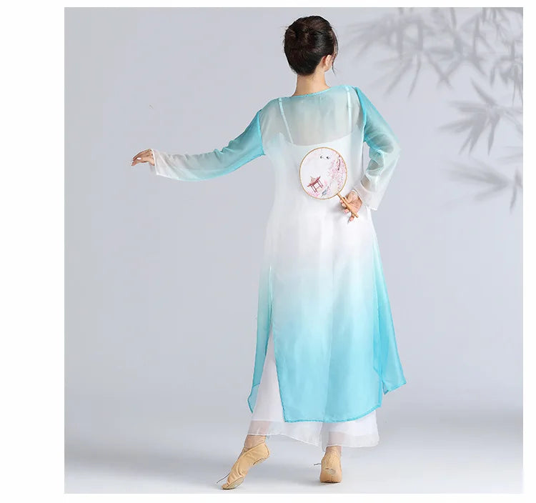 Women Classical Dance Long Dress Flowy Loose Shirt Chiffon Harem Pants Dancer Practice Wear Chinese Folk Dancewear Gradient