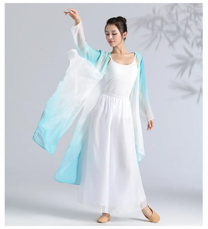 Women Classical Dance Long Dress Flowy Loose Shirt Chiffon Harem Pants Dancer Practice Wear Chinese Folk Dancewear Gradient