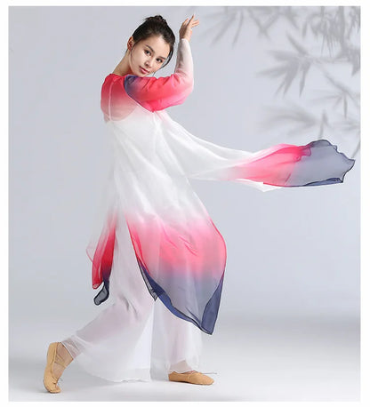 Women Classical Dance Long Dress Flowy Loose Shirt Chiffon Harem Pants Dancer Practice Wear Chinese Folk Dancewear Gradient