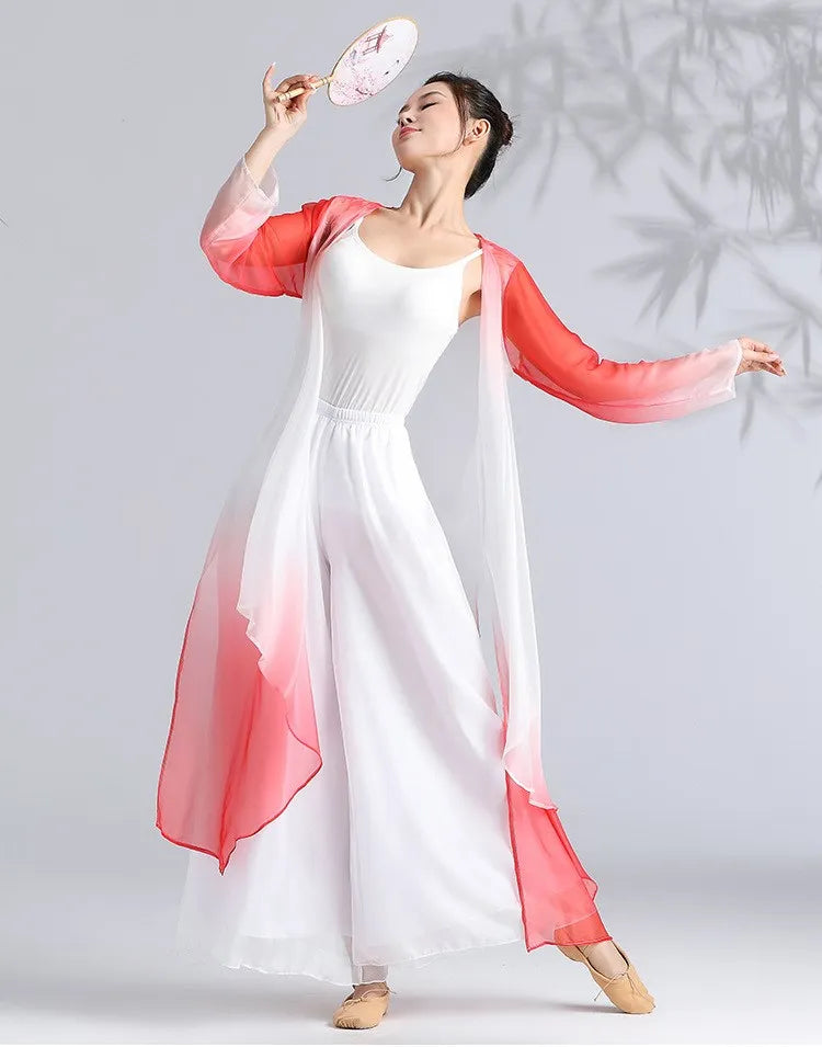 Women Classical Dance Long Dress Flowy Loose Shirt Chiffon Harem Pants Dancer Practice Wear Chinese Folk Dancewear Gradient