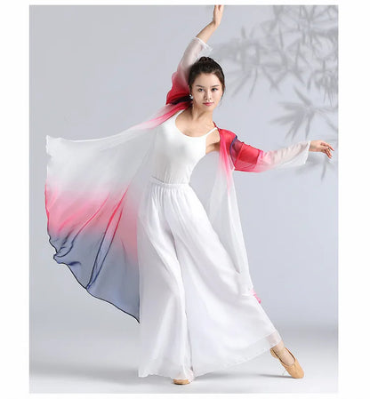 Women Classical Dance Long Dress Flowy Loose Shirt Chiffon Harem Pants Dancer Practice Wear Chinese Folk Dancewear Gradient