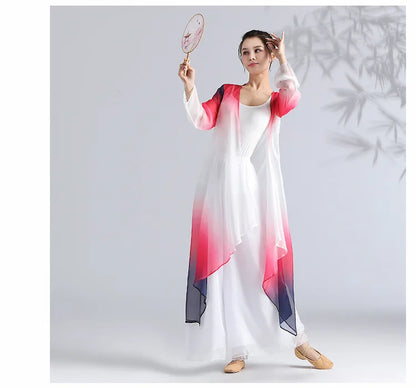 Women Classical Dance Long Dress Flowy Loose Shirt Chiffon Harem Pants Dancer Practice Wear Chinese Folk Dancewear Gradient