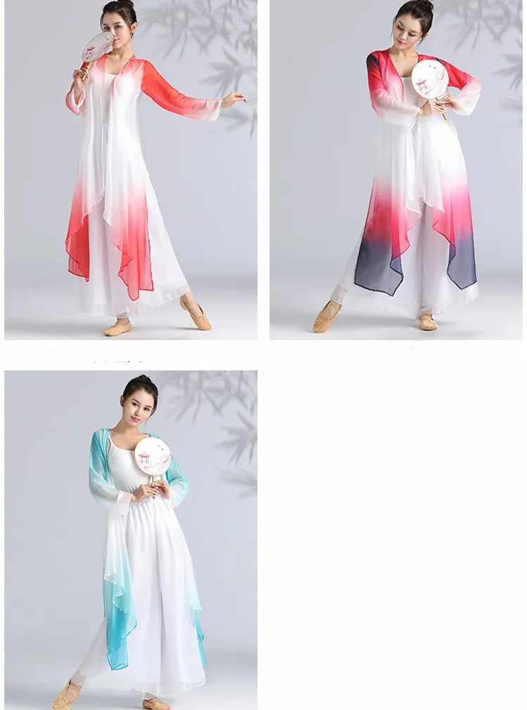 Women Classical Dance Long Dress Flowy Loose Shirt Chiffon Harem Pants Dancer Practice Wear Chinese Folk Dancewear Gradient