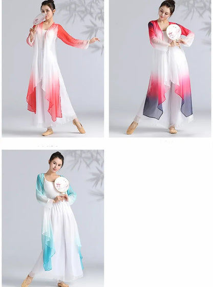 Women Classical Dance Long Dress Flowy Loose Shirt Chiffon Harem Pants Dancer Practice Wear Chinese Folk Dancewear Gradient