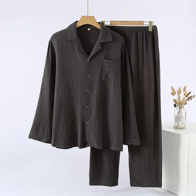 Men's Sleepwear Clothes for Spring and Autumn Cotton Double-layer Cardigan Loose Oversized Long Sleeved Pants Home Clothes