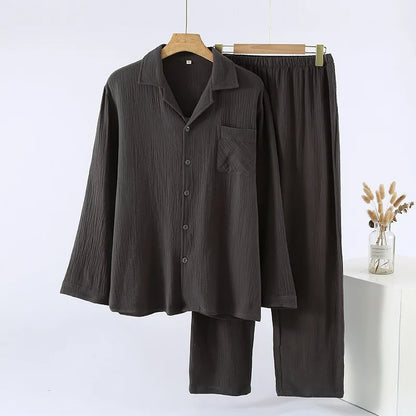 Men's Sleepwear Clothes for Spring and Autumn Cotton Double-layer Cardigan Loose Oversized Long Sleeved Pants Home Clothes