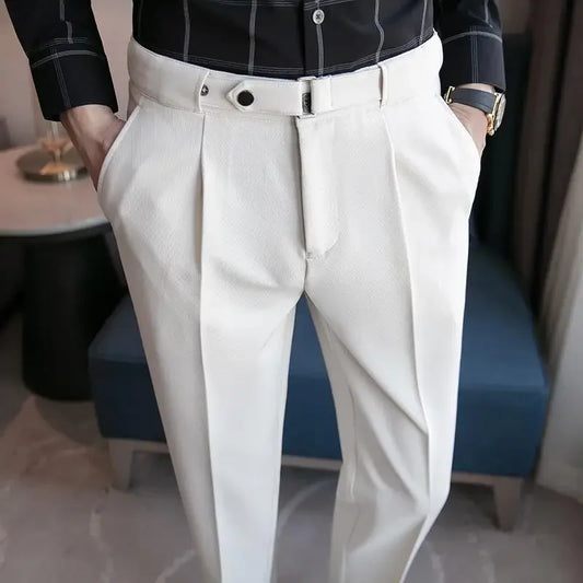 Tressed Trousers For Men Slim Fit White Blue Man Suits Pants Luxury Work Wear Classic Luxury Cheap Korean Style Clothes Formal