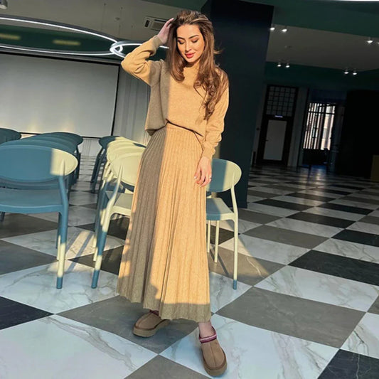 Women Dresses Ensemble Two Pieces Arab Dubai Kaftan O Neck Solid Tops Morocco Pleated Skirts Casual