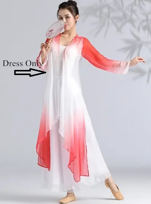 Women Classical Dance Long Dress Flowy Loose Shirt Chiffon Harem Pants Dancer Practice Wear Chinese Folk Dancewear Gradient