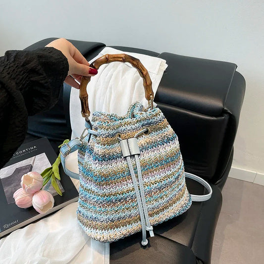 Large Capacity Straw Beach Bag Fashion Rattan Handbag Vintage Bamboo Handle Bucket Tote Women Pu Leather Shoulder Crossbody Bag