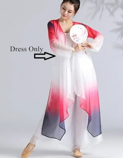 Women Classical Dance Long Dress Flowy Loose Shirt Chiffon Harem Pants Dancer Practice Wear Chinese Folk Dancewear Gradient