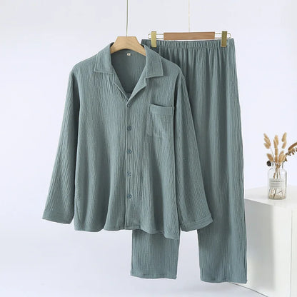 Men's Sleepwear Clothes for Spring and Autumn Cotton Double-layer Cardigan Loose Oversized Long Sleeved Pants Home Clothes