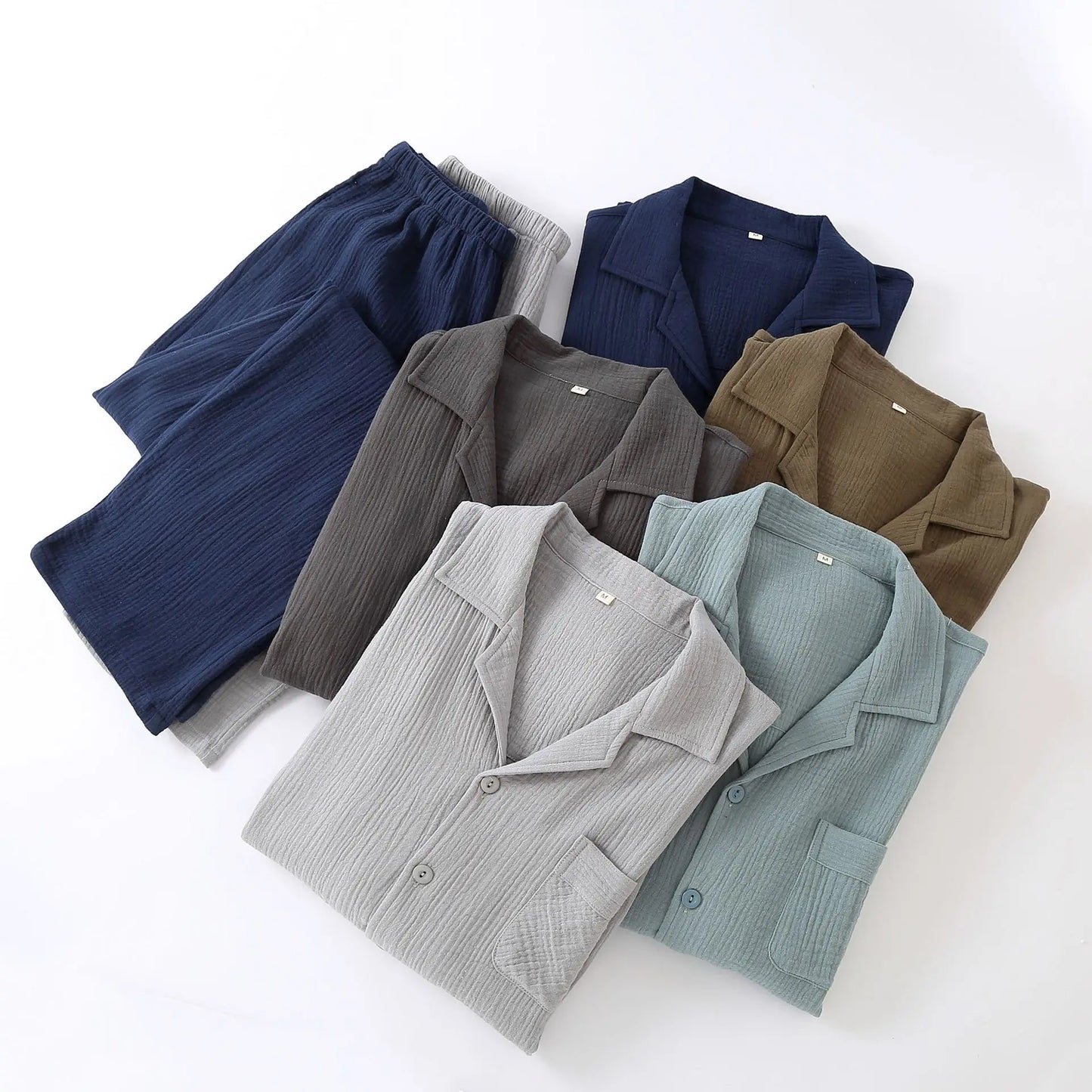 Men's Sleepwear Clothes for Spring and Autumn Cotton Double-layer Cardigan Loose Oversized Long Sleeved Pants Home Clothes