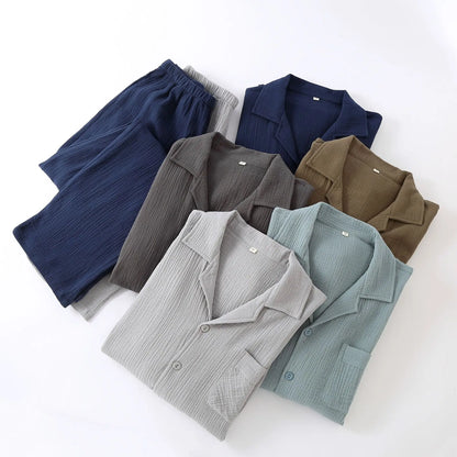 Men's Sleepwear Clothes for Spring and Autumn Cotton Double-layer Cardigan Loose Oversized Long Sleeved Pants Home Clothes