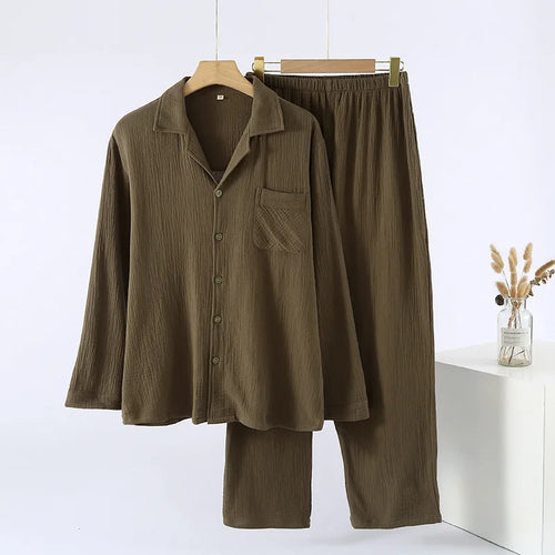 Men's Sleepwear Clothes for Spring and Autumn Cotton Double-layer Cardigan Loose Oversized Long Sleeved Pants Home Clothes