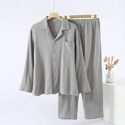 Men's Sleepwear Clothes for Spring and Autumn Cotton Double-layer Cardigan Loose Oversized Long Sleeved Pants Home Clothes