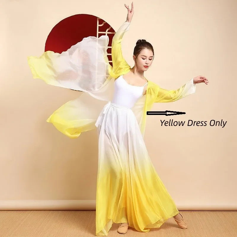 Women Classical Dance Long Dress Flowy Loose Shirt Chiffon Harem Pants Dancer Practice Wear Chinese Folk Dancewear Gradient