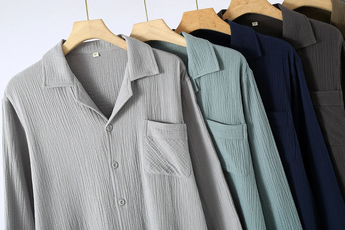 Men's Sleepwear Clothes for Spring and Autumn Cotton Double-layer Cardigan Loose Oversized Long Sleeved Pants Home Clothes