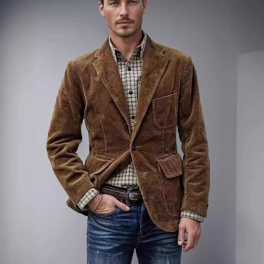 Men's Suit Jacket Corduroy Single-breasted Full Sleeve Multi-Pocket Vest Casual Clothes Business Elite Daily Blazers